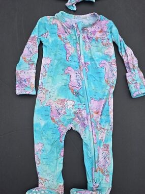 Bums And Roses Map-Print Toddler Zip Footie Pajamas in Aqua and Pink